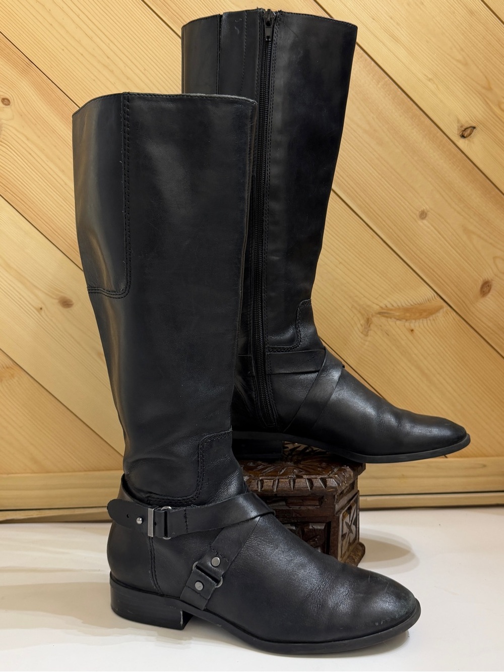 Nine West Blogger Black Leather Side Zip Riding Boots w/Strap Detail